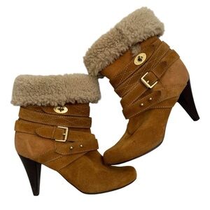 Mulberry Tan Suede Ankle Boots with Shearling Cuff